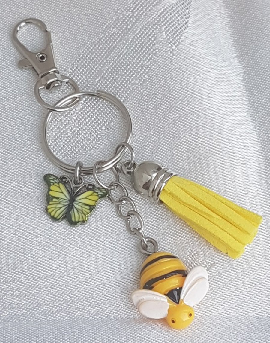 SALE - Beautiful Yellow and Bee Keyring - Key Chain Bag Charm - Silver Tone