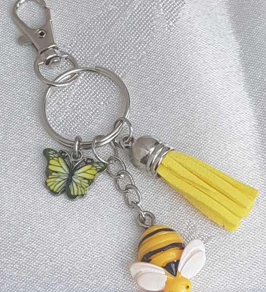 SALE - Beautiful Yellow and Bee Keyring - Key Chain Bag Charm - Silver Tone