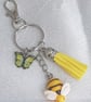 SALE - Beautiful Yellow and Bee Keyring - Key Chain Bag Charm - Silver Tone - Image 1