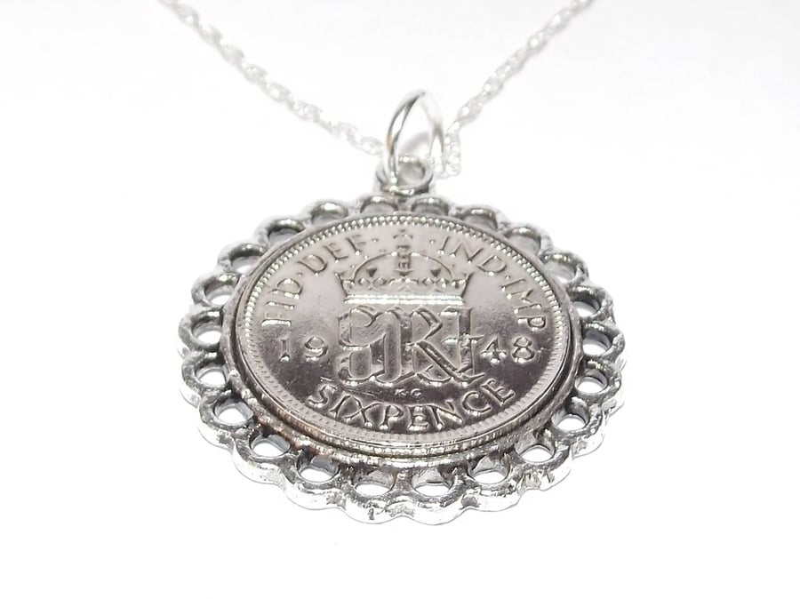 Fine Pendant 1948 Lucky sixpence 73rd Birthday plus a Sterling Silver 18in Chain