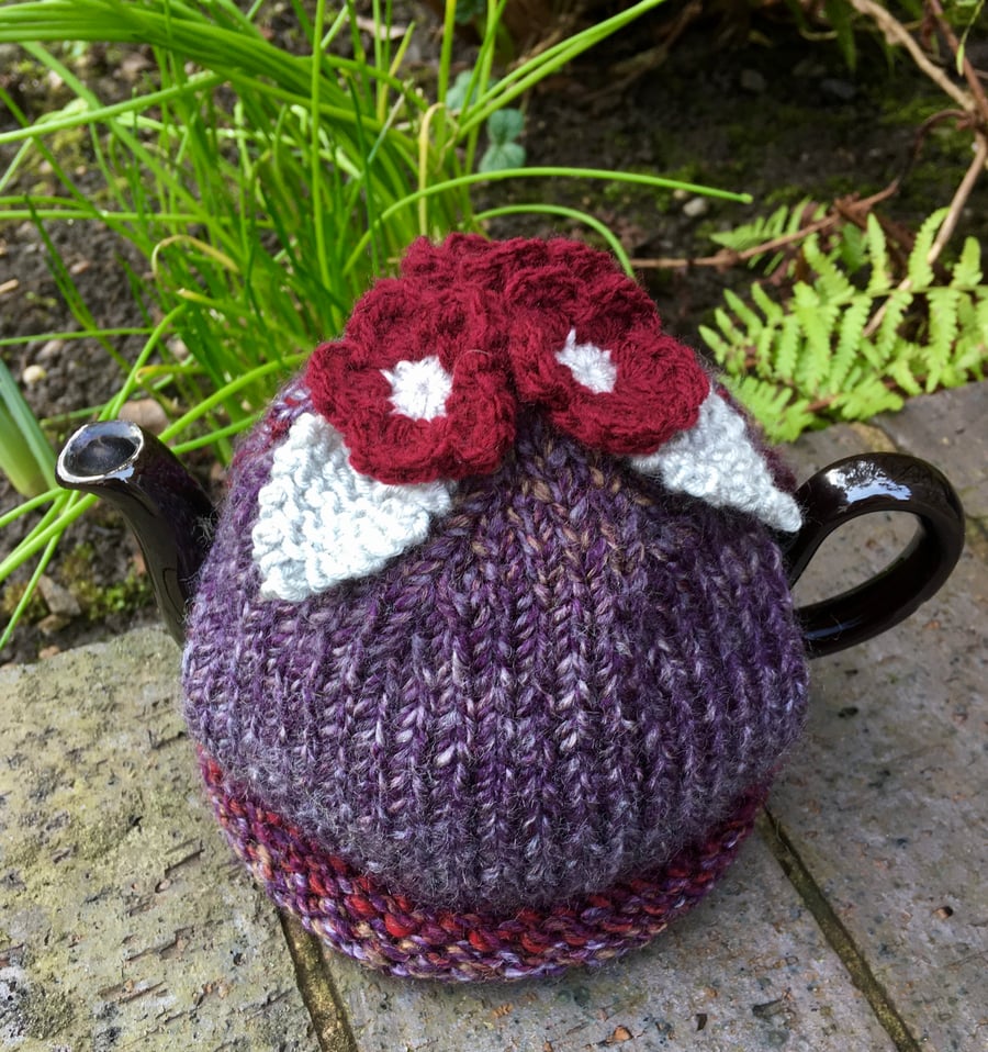 Small Spring Flower Tea Cosy, One Cup Red and Grey Tea Cozy
