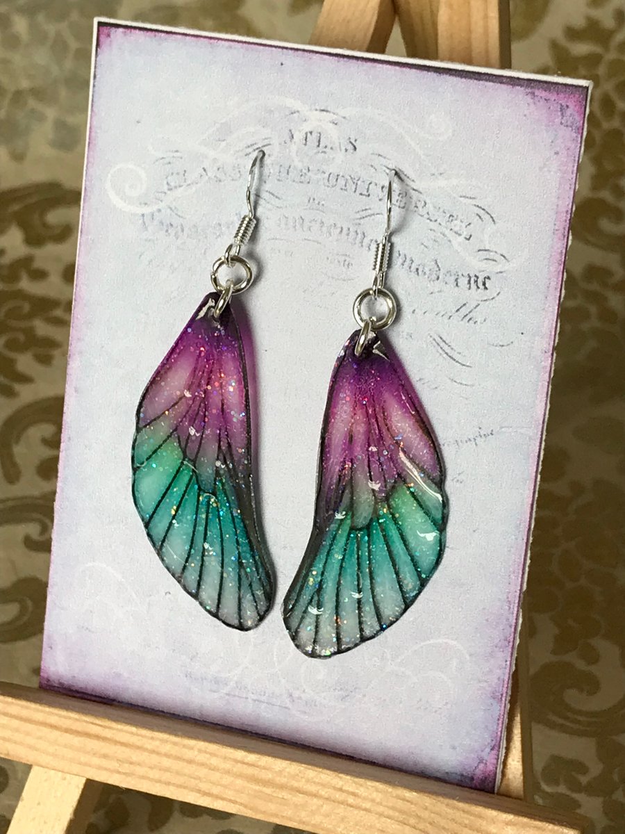 Purple and Green Fairy Wing Sterling Silver Earrings