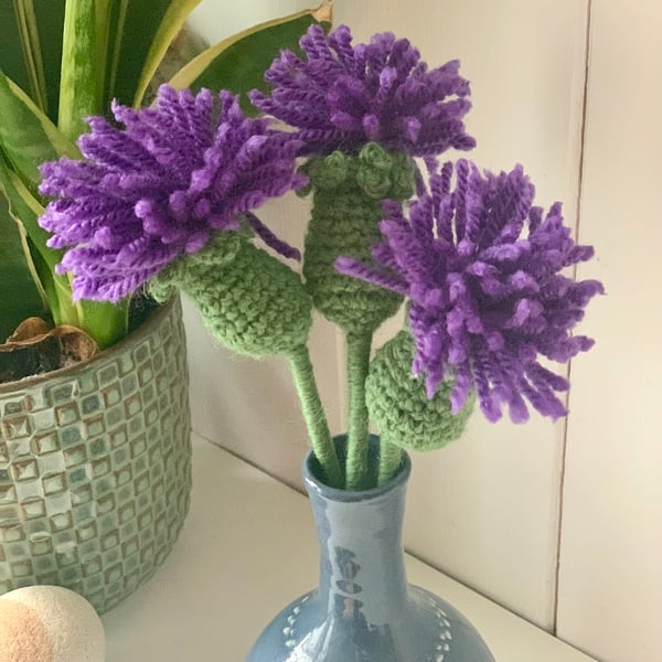 Crochet thistle, set of three handmade thistles, crochet flowers