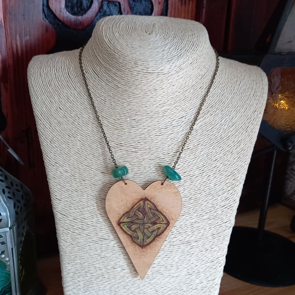 Pyrography Celtic knotwork folk heart pendant with upcycled beads