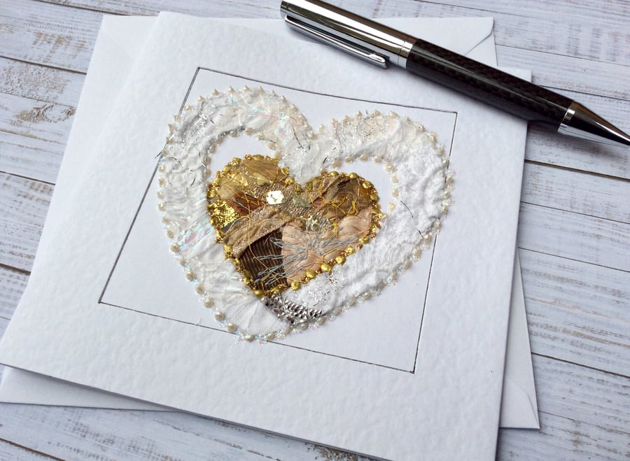 Embroidered up-cycled fabric golden and white heart Art Card.
