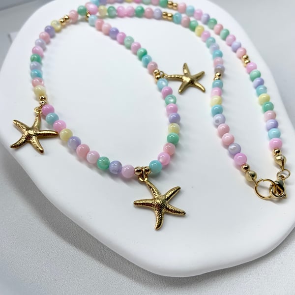 Freshwater shell necklace, Multicolour pastel beads, Starfish pendant necklace  