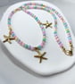 Freshwater shell necklace, Multicolour pastel beads, Starfish pendant necklace  