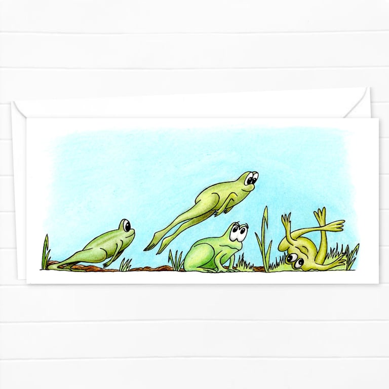 Leap Frogs Greeting Card: Funny Amphibian Games Illustration, Blank Inside (210)