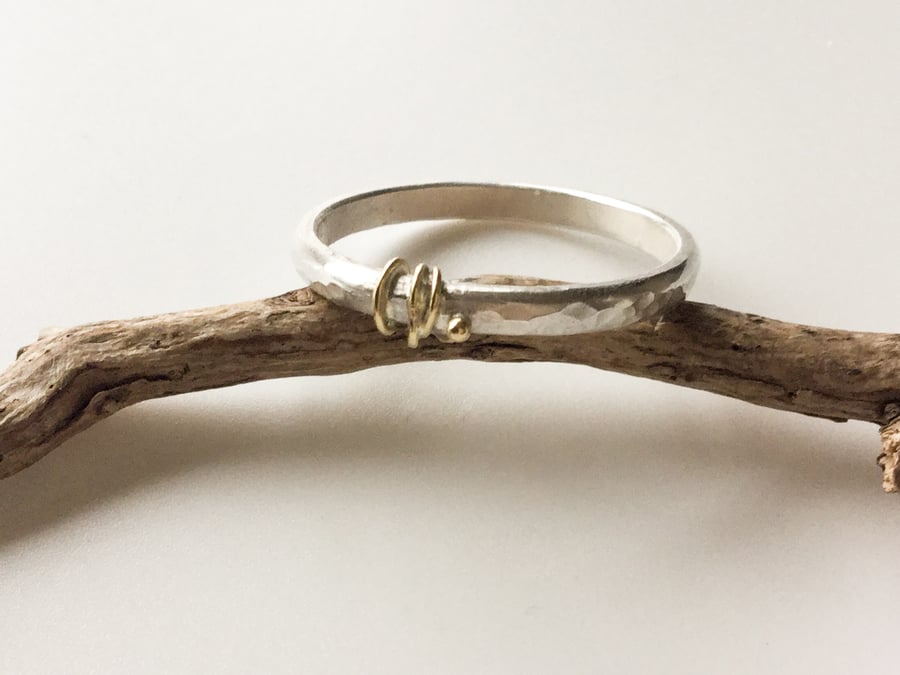 Handmade Silver Wedding Ring With Gold Decoration 