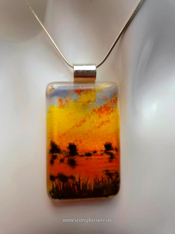 Handmade Dramatic Sunset over Water (a) Fused Glass Pendant Necklace