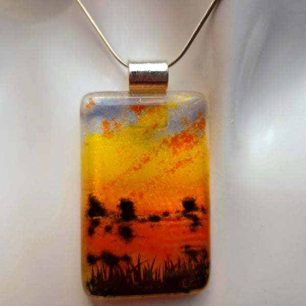 Handmade Dramatic Sunset over Water (a) Fused Glass Pendant Necklace