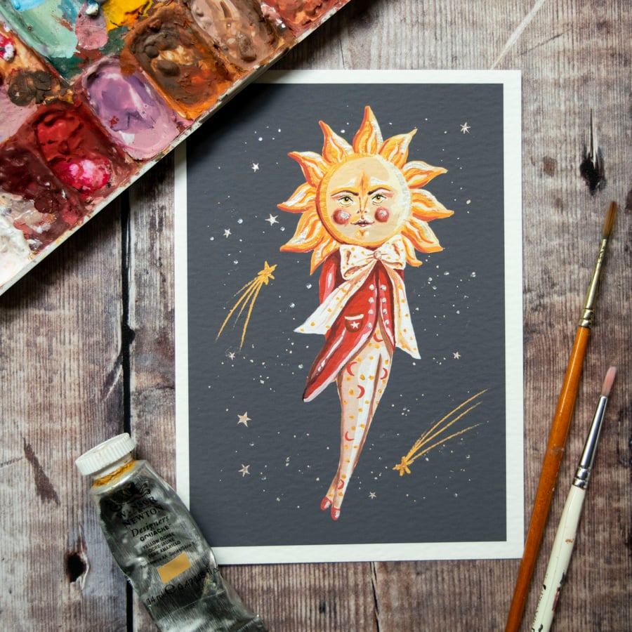 A6 fine art print of a sun man called Cassius, hand embellished