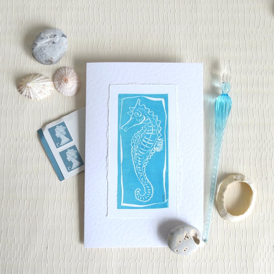 Original lino print card of a seahorse printed in turquoise blank art card 