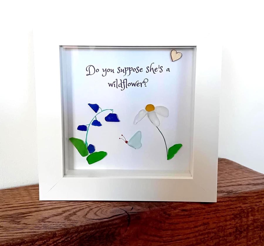 Cornish Sea Glass Framed Art: Wildflowers butterfly Seaglass Alice in Wonderland