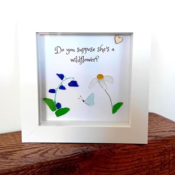 Cornish Sea Glass Framed Art: Wildflowers butterfly Seaglass Alice in Wonderland