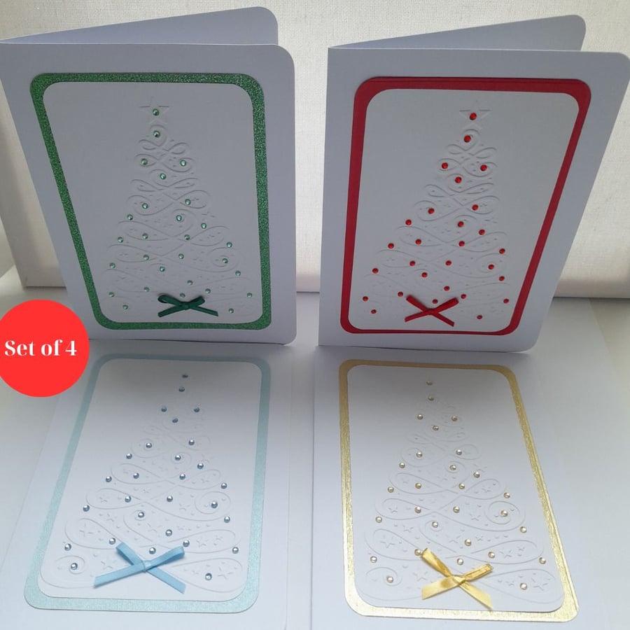 Swirl Embossed Christmas Tree - Various Colours - Handmade - Set of 4 Cards