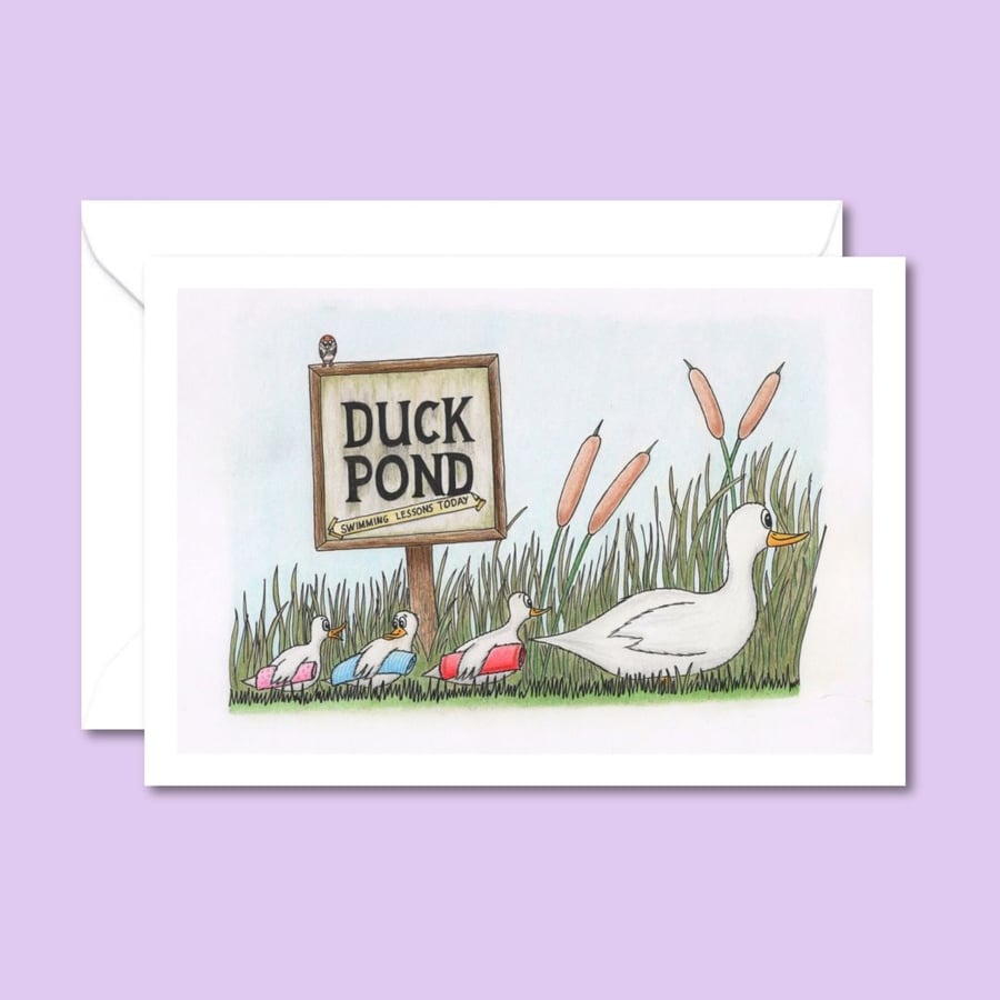 Duck Pond Card: Cute Ducklings Birthday Card - Hand Drawn Pencil Art