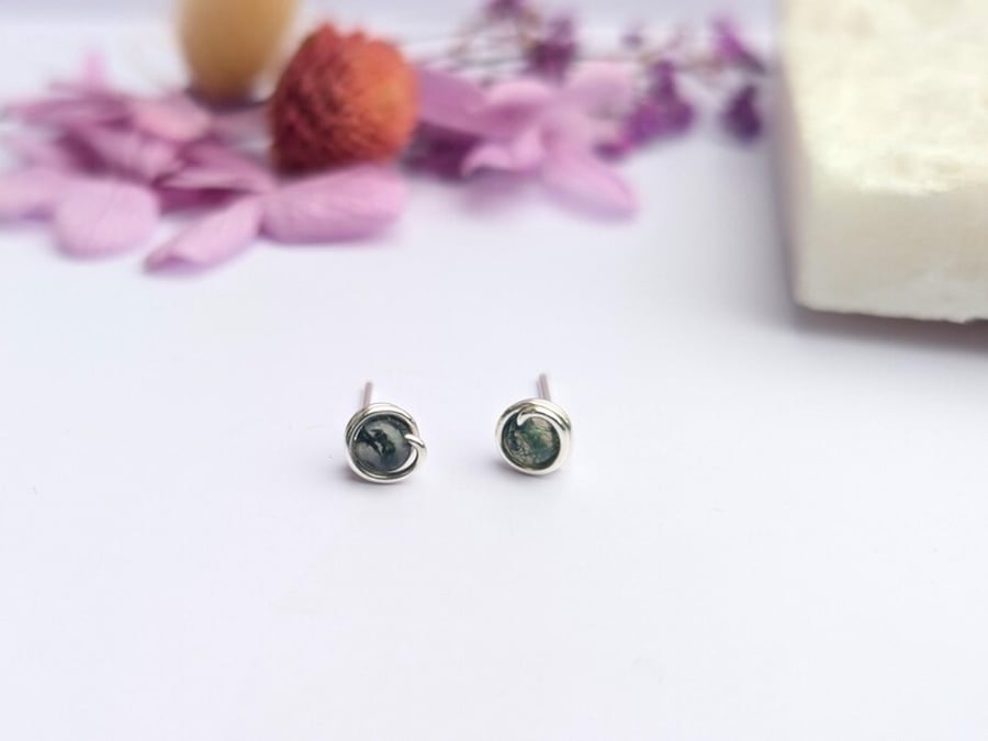MOSS AGATE Stud Earrings Sterling Silver 14K Gold Filled Wire Wrapped Jewellery