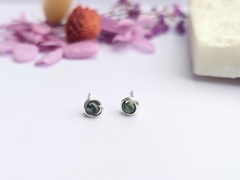 MOSS AGATE Stud Earrings Sterling Silver 14K Gold Filled Wire Wrapped Jewellery