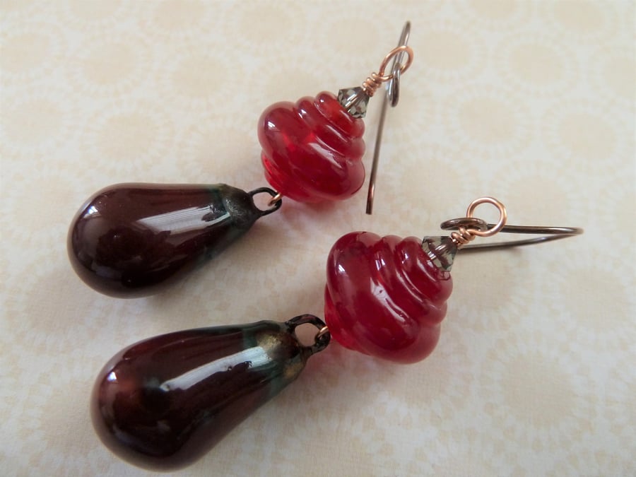 handmade lampwork, copper and ceramic red earrings