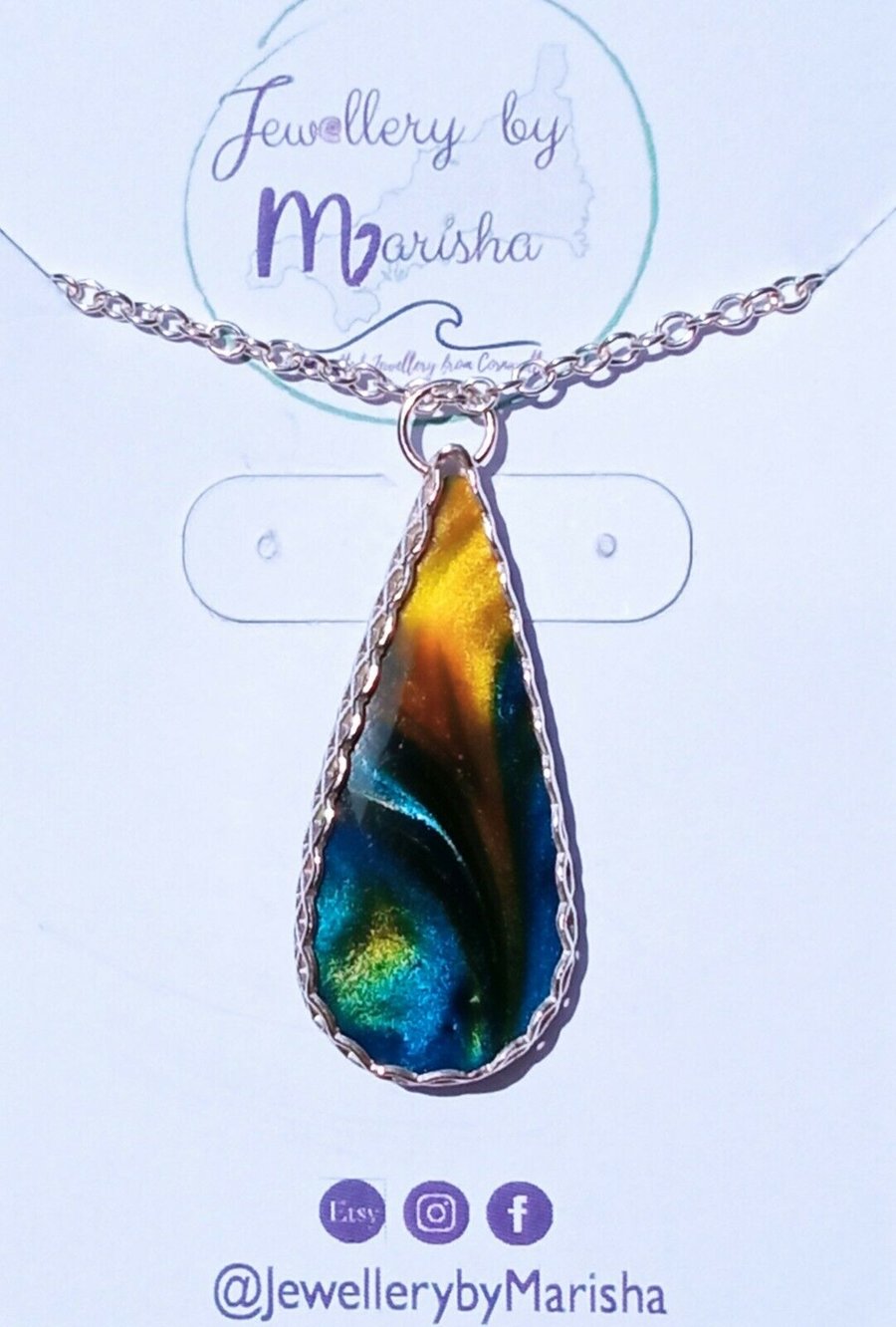 Surfite Blue & Yellow Pearlescent Teardrop Pendant on Silver 925 Necklace