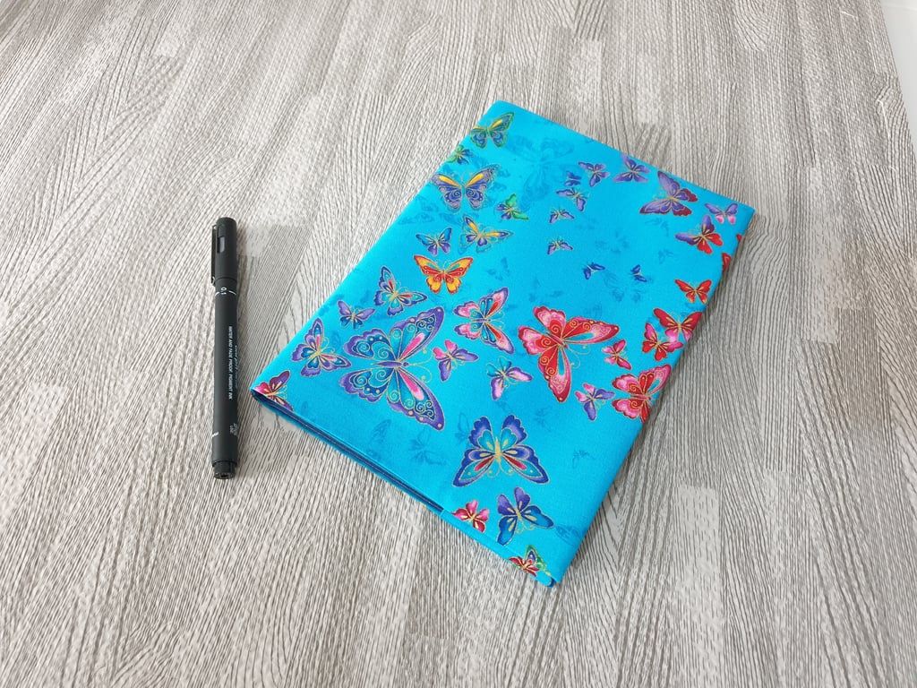 Blue Butterfly Fabric Book Cover with A5 notebook