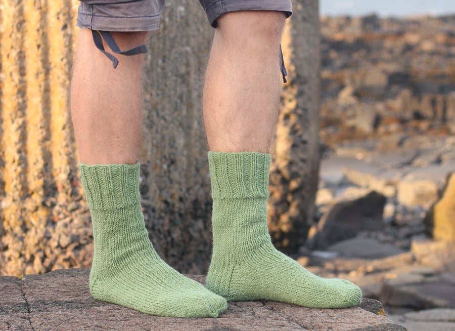 Hand knit men's socks, sheep wool, handmade light green autumn winter chunky