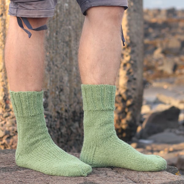 Hand knit men's socks, sheep wool, handmade light green autumn winter chunky