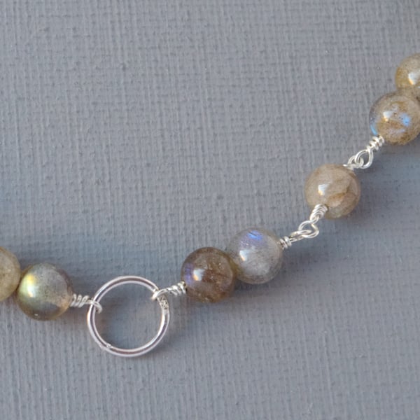 Gold, Green and Violet Flash Labradorite and Sterling Silver Karma Moon Necklace