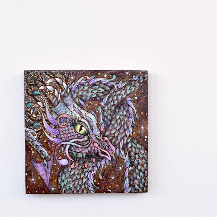 Fantasy purple dragon pyrography hand burned wood canvas.
