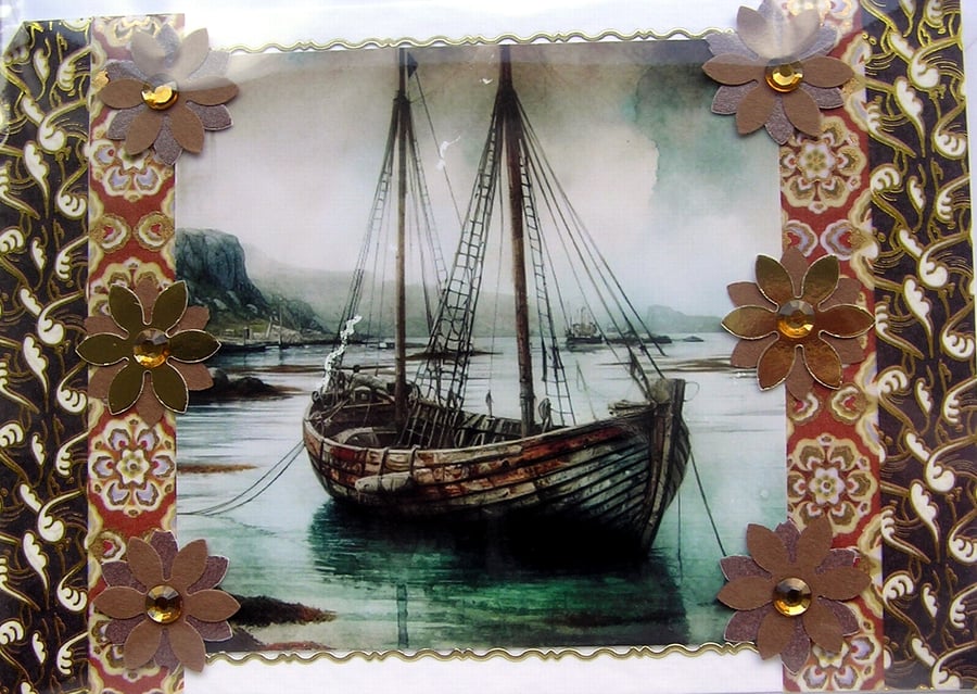 Wooden Fishing Boat - Hand Crafted Decoupage Greeting Card - Blank - 3154