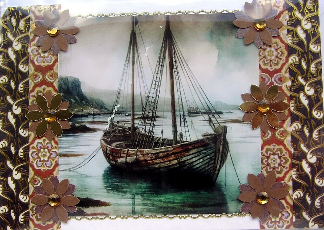 Wooden Fishing Boat - Hand Crafted Decoupage Greeting Card - Blank - 3154