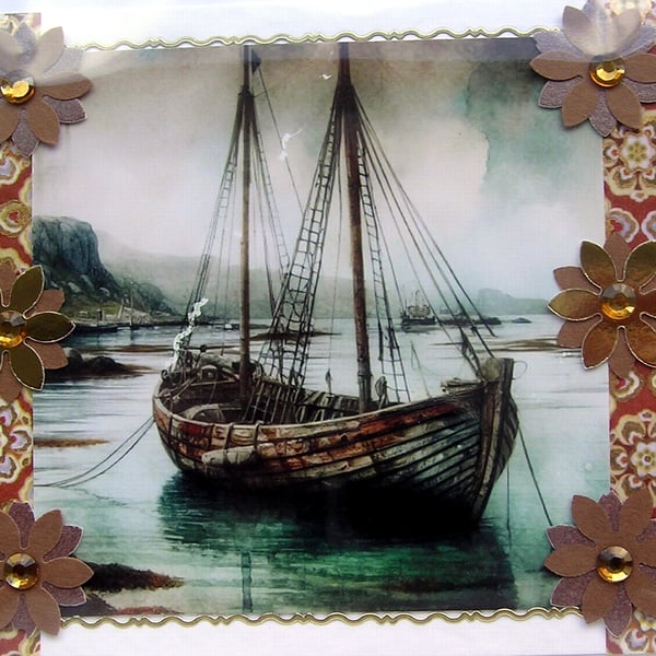 Wooden Fishing Boat - Hand Crafted Decoupage Greeting Card - Blank - 3154