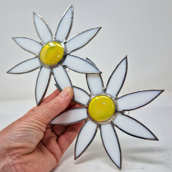 Stained glass flower, white and opaque yellow copperfoil suncatcher