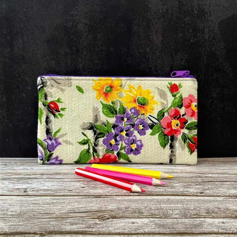 Pencil Case made from Rare 1940s Vintage Barkcloth Fabric, Purple