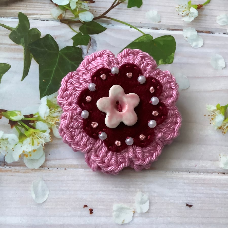 Crochet & Felt Flower Brooch
