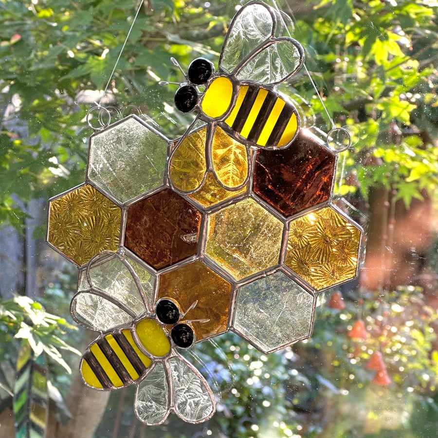 Stained Glass Large Honeycomb and Bee Suncatcher - Handmade Window Decoration 