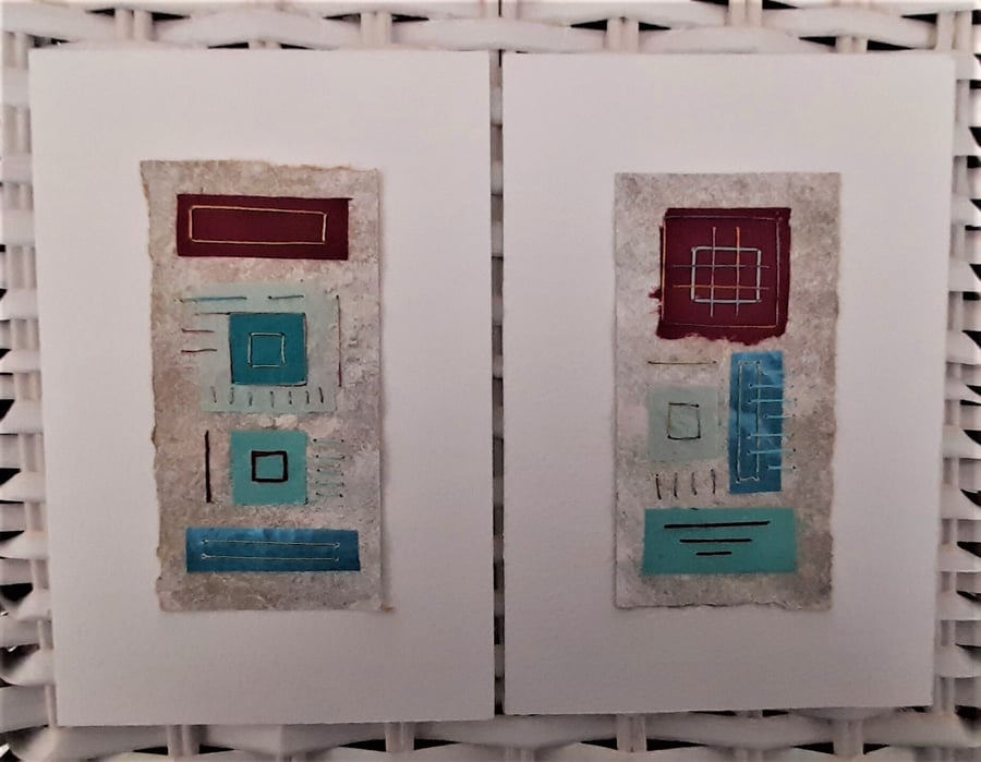 Colourful Combinations Red Turquoise Handstitched Geometric Art Pictures