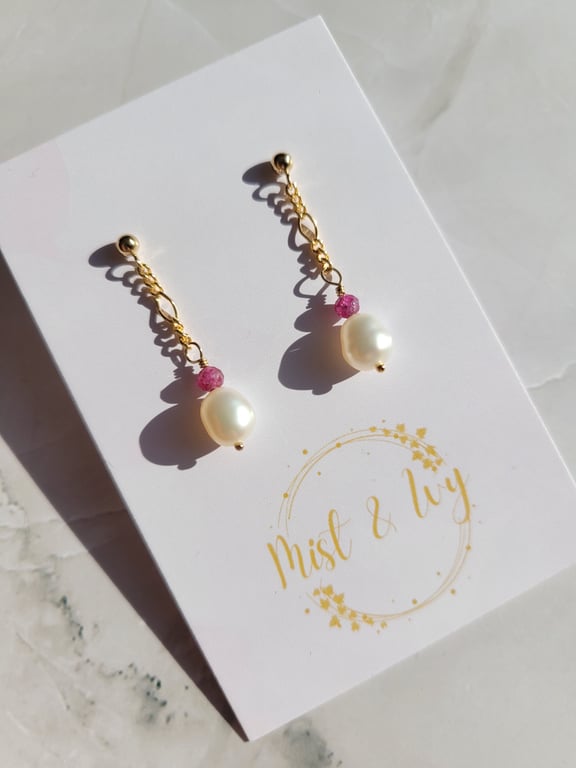 Pearl and Ruby Earrings 14kt Gold Filled, Non Tarnish Gemstone Earrings