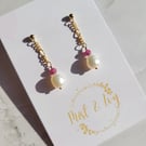Pearl and Ruby Earrings 14kt Gold Filled, Non Tarnish Gemstone Earrings