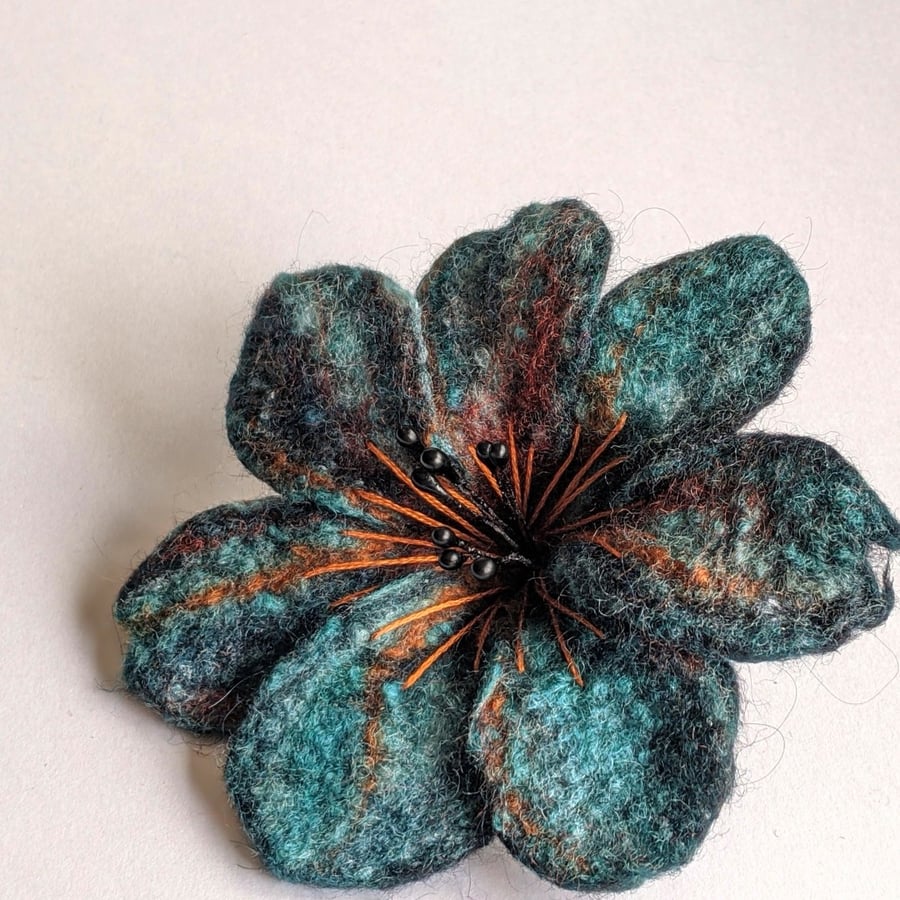 Large felted flower brooch - teal and copper