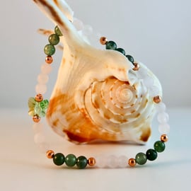 Moss Agate And Rose Quartz Bracelet With Swarovski Butterfly - Handmade In Devon