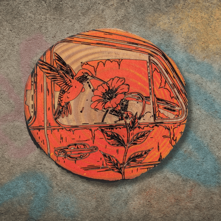Hand-Painted Hummingbird & Hot Rod Wood Plaque