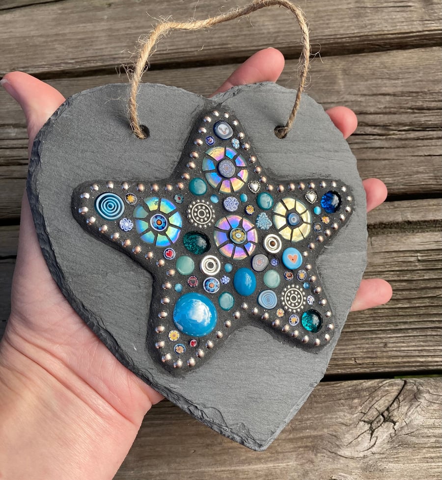 Mosaic Star on a Slate Heart Hanging decoration. Abstract wall art.