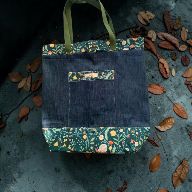 Weekender Tote.  Denim and Fauna Fabric.  Botanical Collection.