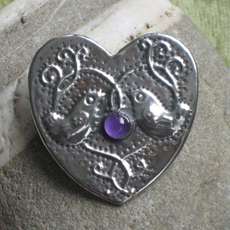  Heart shaped Brooch with Birds and Amethyst
