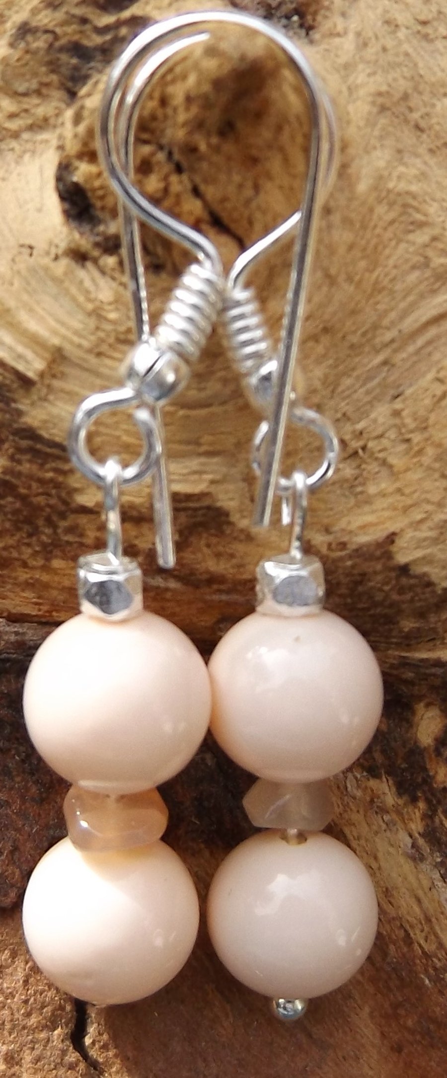 Peach shell pearls with peach moonstone earrings