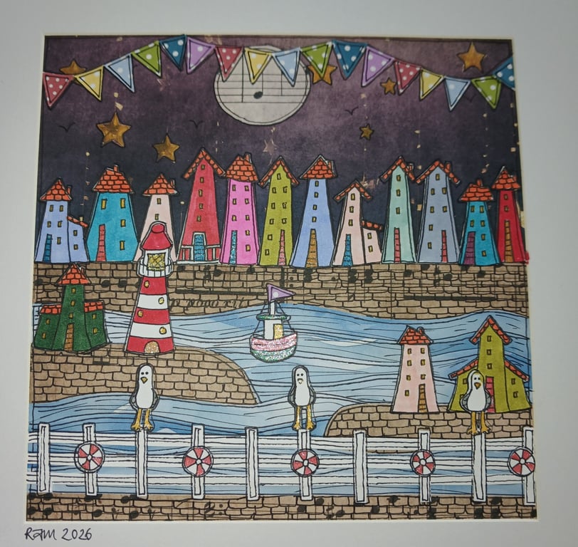 Quirky art, coastal art colourful houses original artwork, seaside harbour art