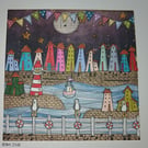 Quirky art, coastal art colourful houses original artwork, seaside harbour art