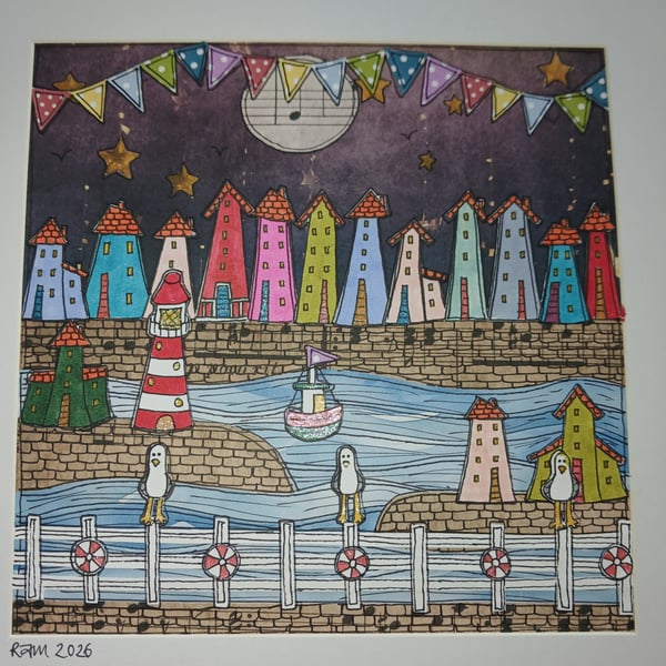 Quirky art, coastal art colourful houses original artwork, seaside harbour art